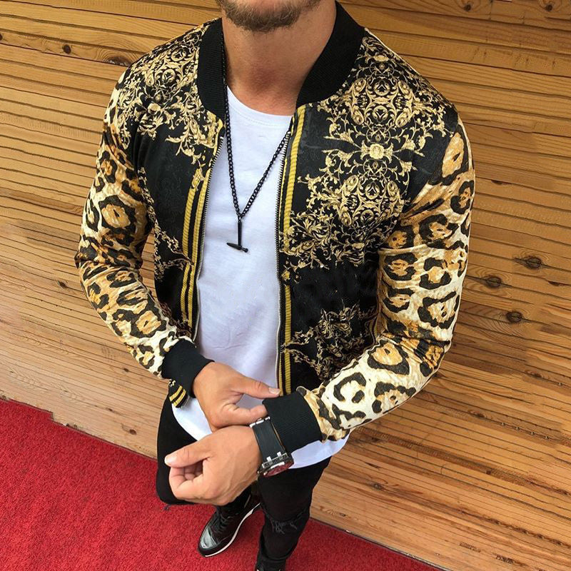 Leopard Print Crew-Neck Casual  European And American Men's Jacket