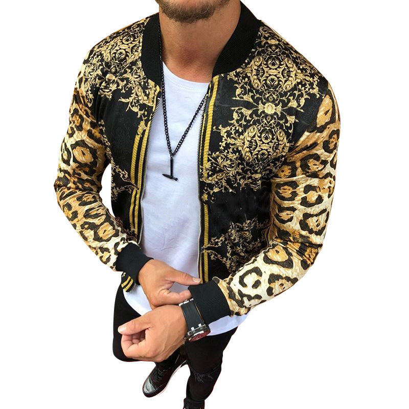 Leopard Print Crew-Neck Casual  European And American Men's Jacket