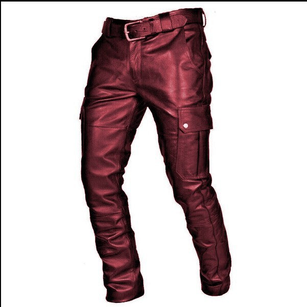 Solid Color PU Strap Casual Men's Leather Pants