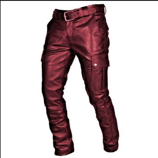 Solid Color PU Strap Casual Men's Leather Pants