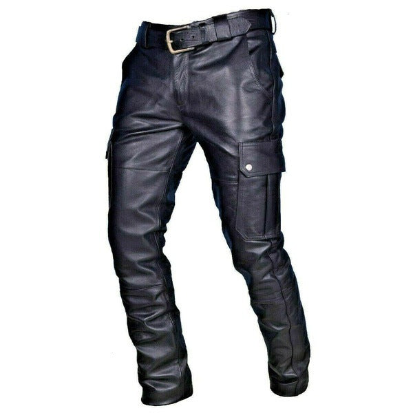 Solid Color PU Strap Casual Men's Leather Pants