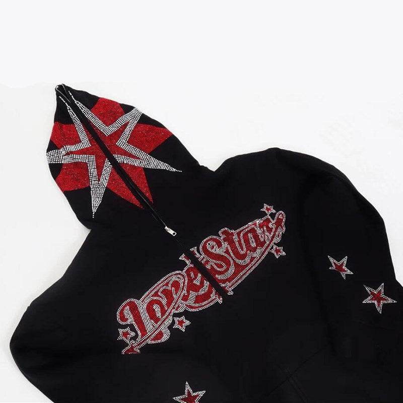 Five-pointed Star Rhinestone Hooded Sweatshirt