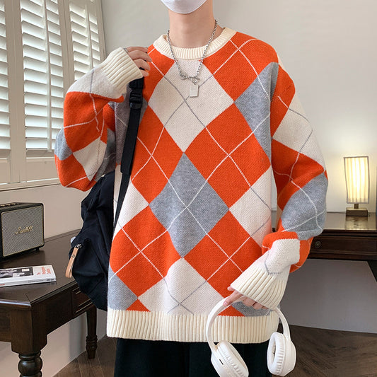 Rhombus Plaid Crew Neck Sweater Men's Autumn And Winter Thickened