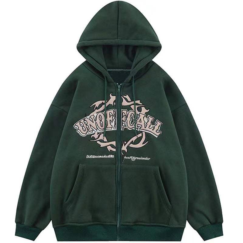 Letter Printing Zipper Fleece Hoodie