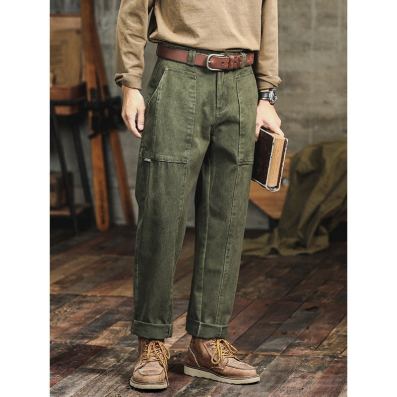 Retro Army Green Casual Loose Straight Cargo Jeans