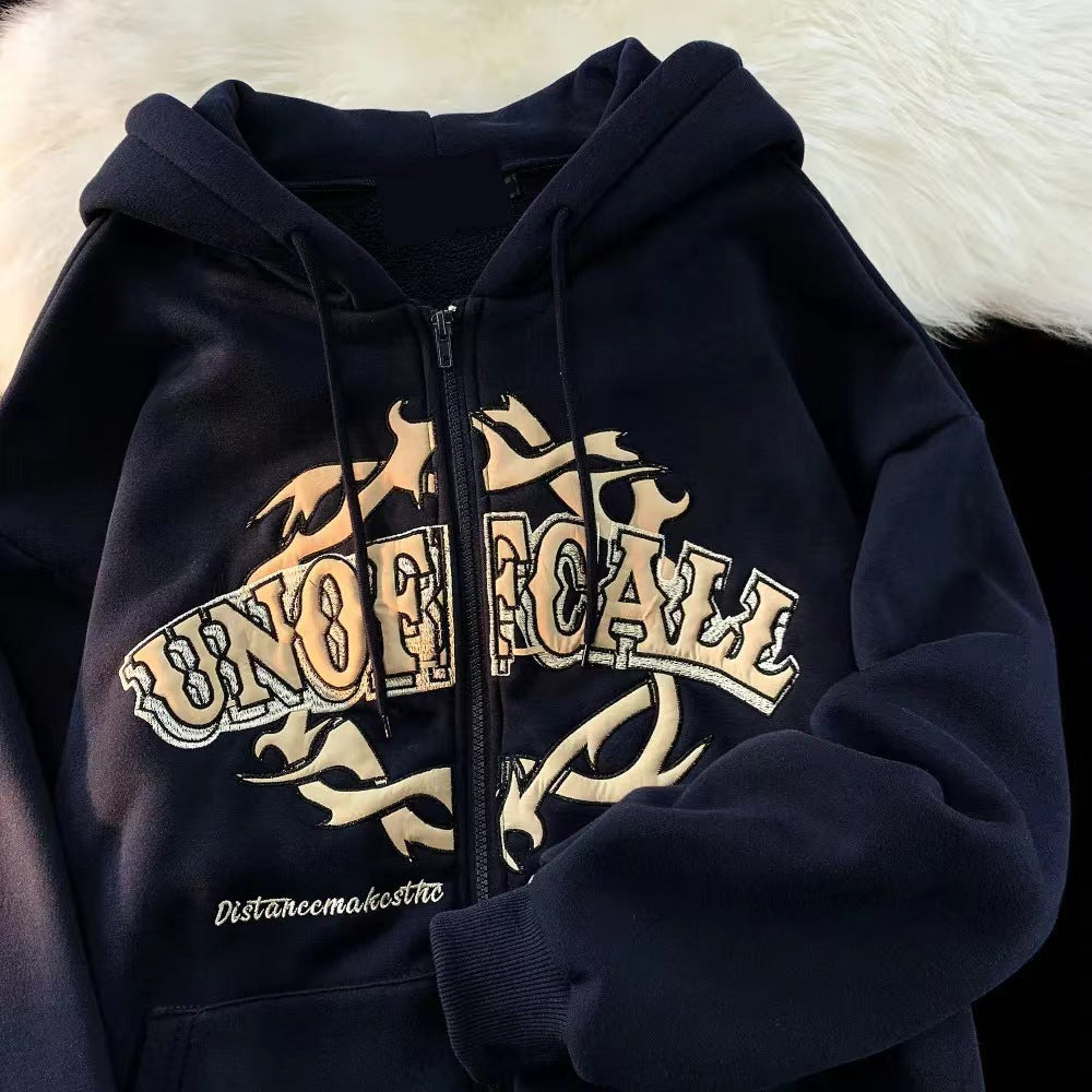 Letter Printing Zipper Fleece Hoodie