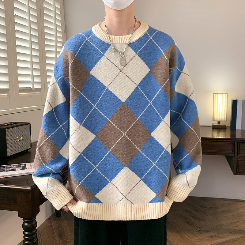 Rhombus Plaid Crew Neck Sweater Men's Autumn And Winter Thickened