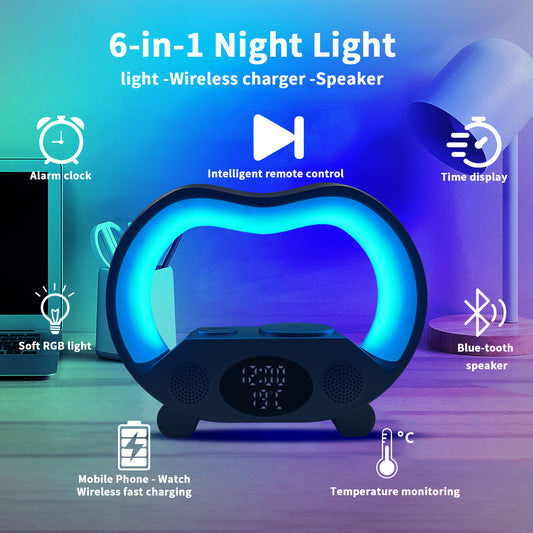 Wireless 6 In 1 Smart Remote Control Bluetooth Ambience Intelligent LED Table Lamp Multi-function Wireless Charger Night Light Bluetooth Speaker