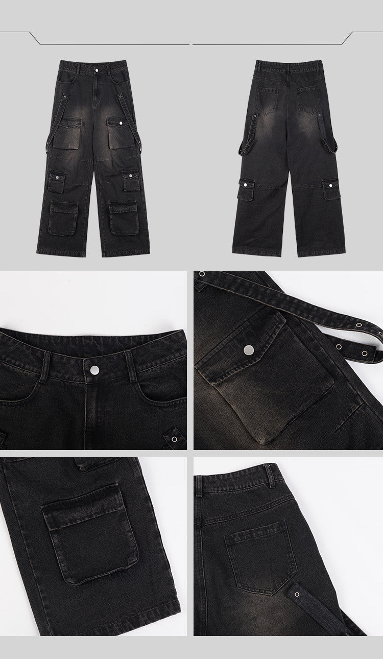 Multi Pocket Vintage Cargo Wide Leg Jeans For Men