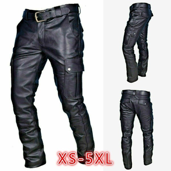 Solid Color PU Strap Casual Men's Leather Pants