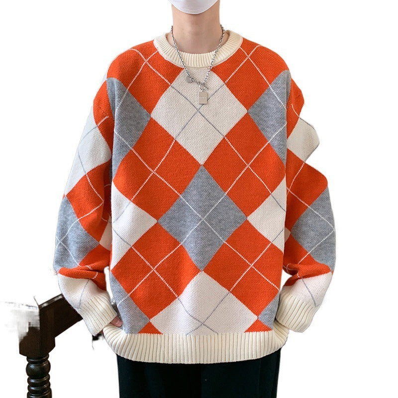 Rhombus Plaid Crew Neck Sweater Men's Autumn And Winter Thickened