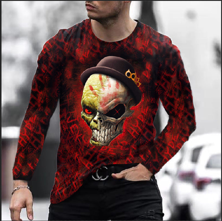 Men Long Sleeve Digital Print Skull T-shirt