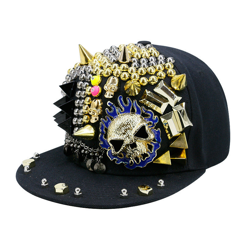 Flame Big Ghost Head Hand Made Flat-brimmed Rivet Baseball Cap