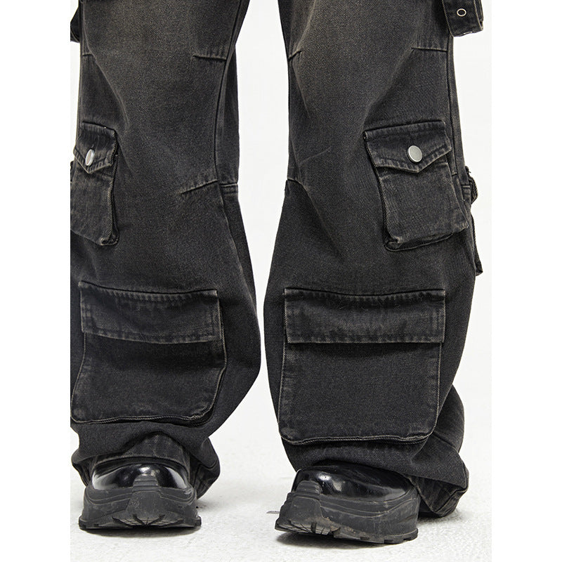 Multi Pocket Vintage Cargo Wide Leg Jeans For Men