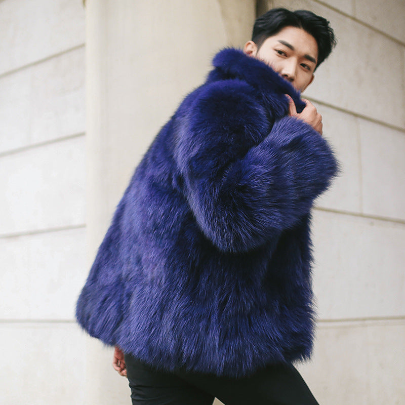 Warm Royal Blue Faux Fur Casual Men's Jacket