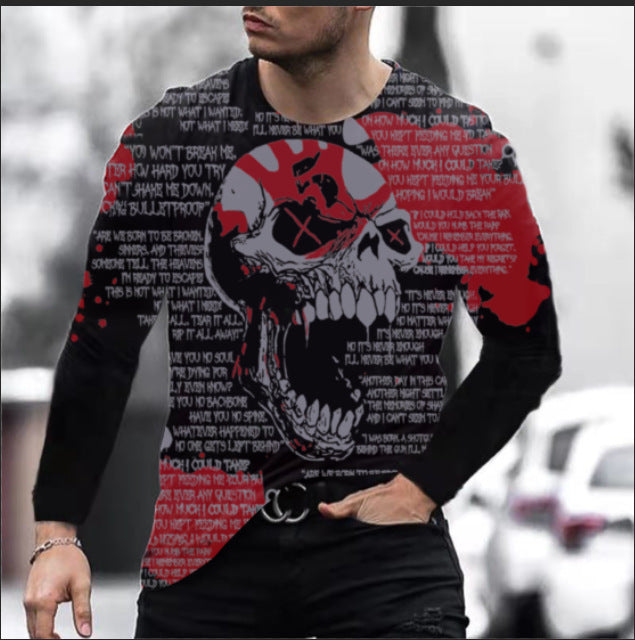 Men Long Sleeve Digital Print Skull T-shirt