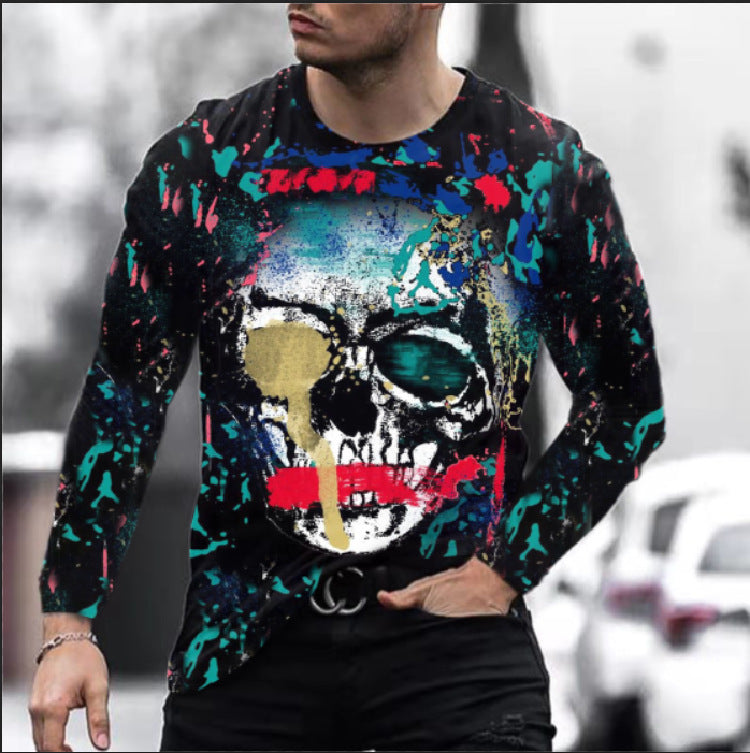 Men Long Sleeve Digital Print Skull T-shirt