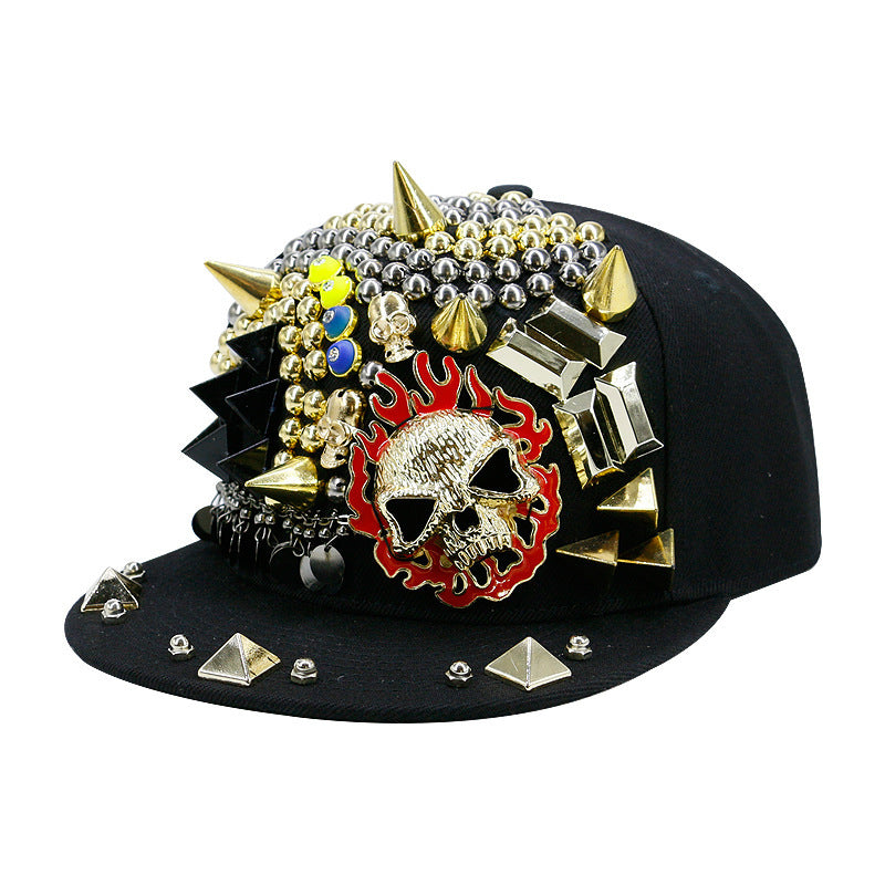 Flame Big Ghost Head Hand Made Flat-brimmed Rivet Baseball Cap