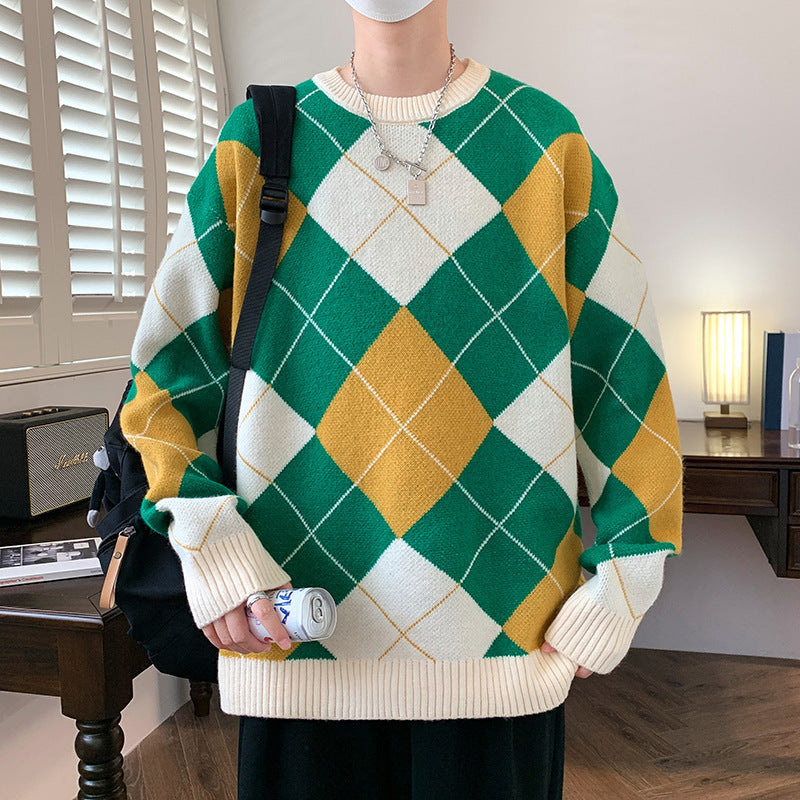 Rhombus Plaid Crew Neck Sweater Men's Autumn And Winter Thickened