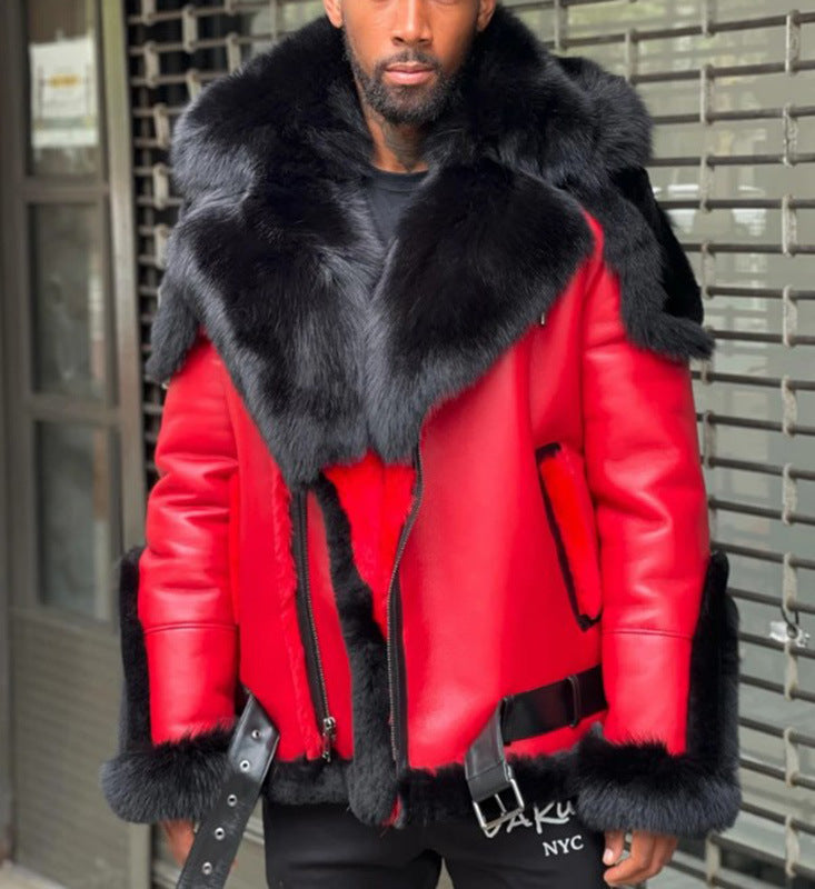 Chaqueta roja con cuello de piel para hombre